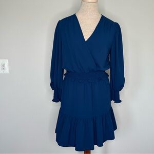 Amanda Uprichard Women's Blue Smocked Waist and Wrist Surplice Neckline Dress S